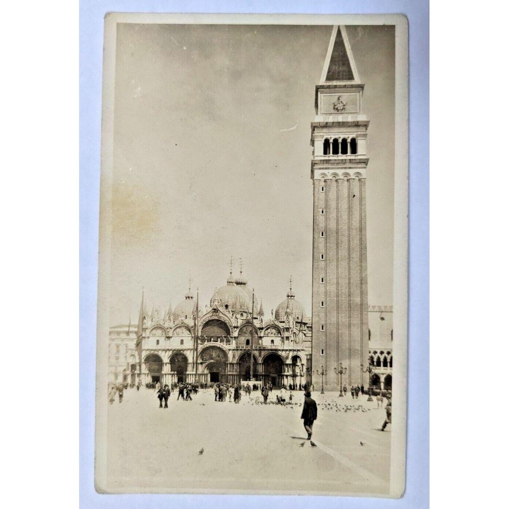 St. Mark's Basilica & Campanile Plaza View Venice Italy c1920s RPPC Postcard I1